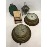 A ship's bulkhead clock & barometer, together with a spirit kettle, picture frame & set of spoons.