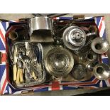 A box of misc silver plated items and assorted cutlery.