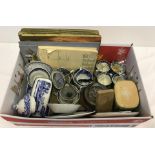 A box of assorted items to include blue and white china, military buttons and other items.