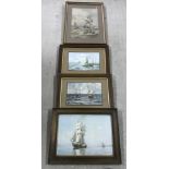 4 vintage framed and glazed prints of boating scenes in dark oak frames.