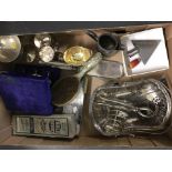 A box of assorted vintage silver plated items.