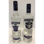 2 70cl bottles of blue label Smirnoff triple distilled export strength vodka.