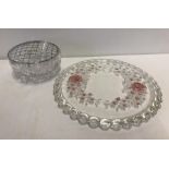 A cut lead crystal rose bowl together with a glass cake plate with pink rose decoration.