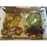 A box of vintage glass to include carnival glass dish.