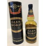A bottle of Glen Moray single Speyside malt whisky in Presentation tube.