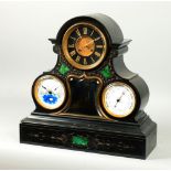 A late 19c French black slate mantel clock, the large case having three dials consisting of the