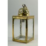 A late 19c brass hall lantern of square form with glass panels converted to electricity, 6.5 x 13.
