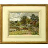 James Aumonier - figure on a wooden bridge, signed, watercolour, framed and glazed, 8 x 10.5.