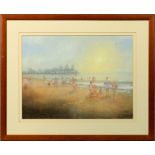 M Clarke - figures of a beach in a summertime setting with pier beyond, signed, watercolour,