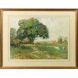 Phillip E Stretton - 19c farmstead with a figure outside buildings close to a pond, signed,