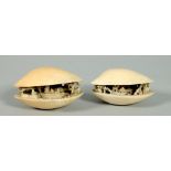 Two Japanese Meiji period clam shell carved villages, both with figures in boats, each 3w.