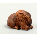 A Japanese Meiji period carved nut netsuke in the form of recumbent goat, base signed, 2w.