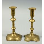 A pair of 18c petal based double knop candlesticks, 8h.