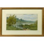 Joseph Dakin - Gone Fishing, signed watercolour, framed and glazed, 9 x 17.