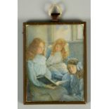 An Edwardian miniature of three sisters, Elsie, Ruby and Hilda, indistinct details on reverse, circa