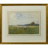 Kate Augusta Parks - sheep grazing in meadow with hay stack and cottages beyond, signed watercolour,