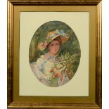 Edouard Ravel 1847/1920 - portrait of a young lady in floral bonnet, watercolour, oval framed and