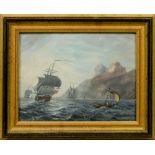 Unsigned 19c - a pair, in shore fishing boats and 18c naval sailing vessels close to the cliff,