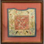 Three Japanese Meiji period silkwork costume panels, worked with flowers and insects, all framed and