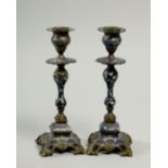 A pair of 19c French bronze and champleve enamel baluster candlesticks on rococo bases, 8.5h.