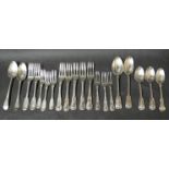 Seven silver table forks, various dates mostly William IV, some crested, six dessert forks,