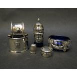 A silver and bristol blue glass pepperette, salt, pill box,