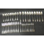 Twelve silver William IV fiddle and shell pattern forks, eight matching dessert forks,