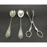 A pair of Cooper Brothers & Sons silver salad tongs, Sheffield 1938 and a pair of salad servers,