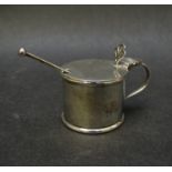 A silver salt with blue glass liner and spoon, Chester marks rubbed, and silver plate wine taster,