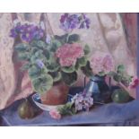 JEANETTE HISCOCK (1895 - 1985): A framed oil on canvas still life, flowers and fruit.