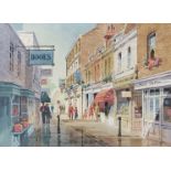 J.MOIA (XX): A framed and glazed watercolour, 'Flask Walk, Hampstead'.