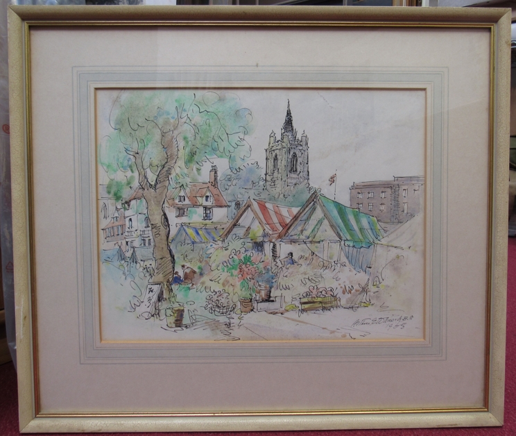 ARTHUR E. DAVIES R.B.A R.C.A (1893-1988) A framed and glazed watercolour sketch of Norwich Market. - Image 3 of 6