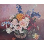 JEANETTE HISCOCK (1895 - 1985): A framed oil on canvas still life mixed roses with delphiniums.