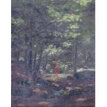 A late 19th Century oil on board, figure on woodland path. Set in an ornate gilt frame. Unsigned.