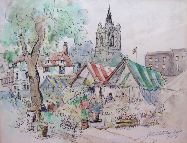 ARTHUR E. DAVIES R.B.A R.C.A (1893-1988) A framed and glazed watercolour sketch of Norwich Market.