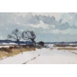 IAN HOUSTON (b.1934) (ARR) A framed and glazed watercolour, 'Snow in the Fields North Walsham'.