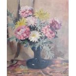 JEANETTE HISCOCK (1895 - 1985): A framed oil on canvas still life, Chrysanthemums in blue vase.