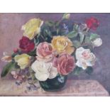 JEANETTE HISCOCK (1895 - 1985): A framed oil on canvas still life, mixed roses. Signed bottom right.