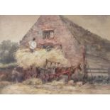 A watercolour depicting a haywain being unloaded into a barn, signed D Cox bottom right.