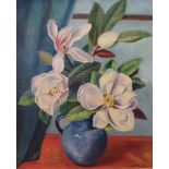 JEANETTE HISCOCK (1895 - 1985): A framed oil on canvas still life of magnolia flowers in a blue jug.