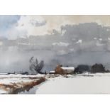 IAN HOUSTON (b.1934) (ARR) A framed and glazed watercolour, 'Snow on Halvergate Marshes'.