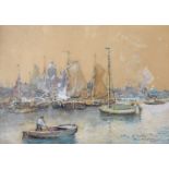 JAMES G LAING (1852 - 1915):A framed and glazed watercolour depiction of Amsterdam with sailing