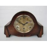 An oak cased 1930's mantel clock, Arabic silvered dial, 8-day three train movement,