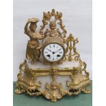 A mid to late 19th Century French git figural and alabaster clock, Roman enamel dial,