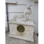 A 19th Century French alabaster figural mantel clock a/f, surmounted by a reclining maiden,