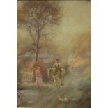 JOSEPH DAWBARN: Watercolour depicting plough man at a cottage gate with young maiden and geese on a