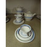 A Shelley teaset for one pattern W12133 "Lines and Bands" blue, comprising teapot and stand,