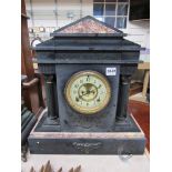 A large slate mantel clock of architectural form, Arabic enamelled chapter ring with 8-day movement,