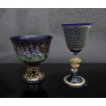 Two Venetian Bristol blue glass goblets with handpainted and gilt patterns