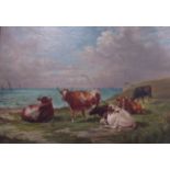 J.WARE: An oil on panel depicting cattle overlooking the sea at cliffs edge, gilt framed, 38.5 x 56.